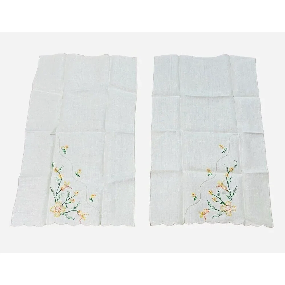 Vintage Embroidered Yellow Orange Flower Linen Tea Towels Set 2 Floral 19 x 12